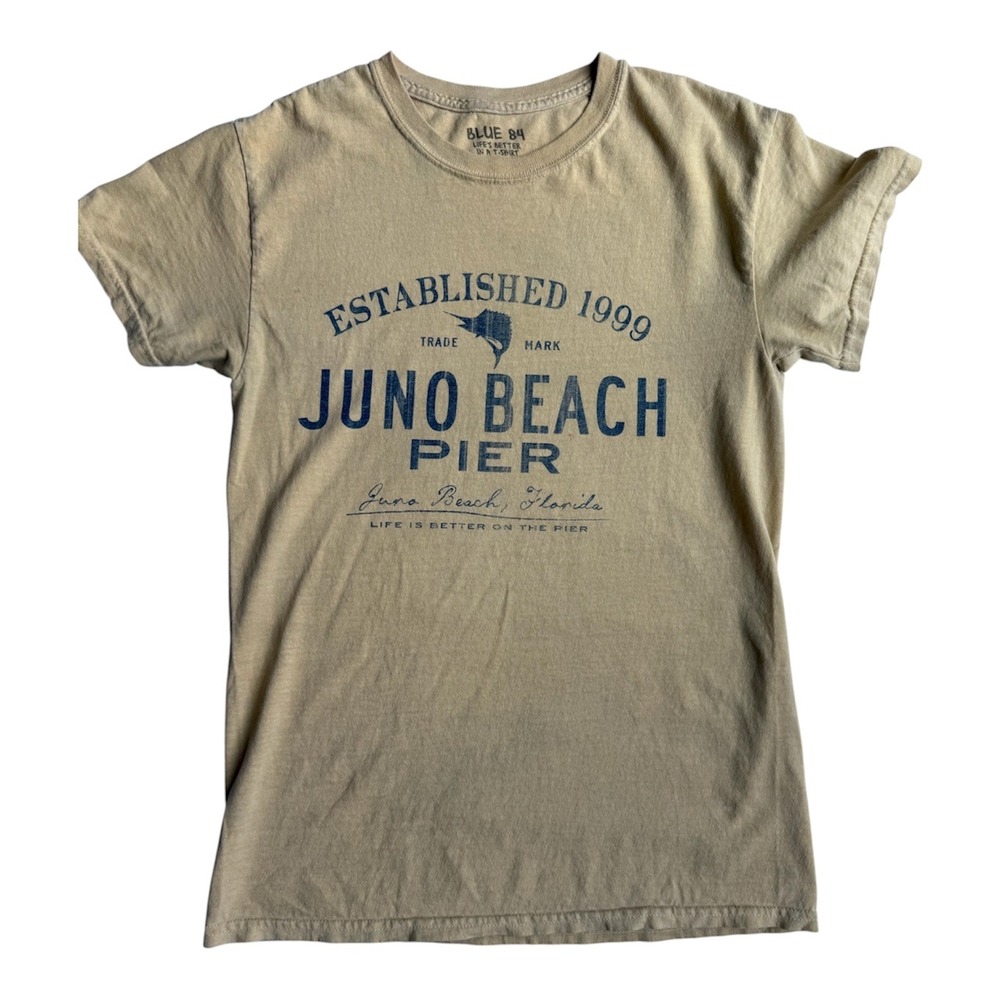 Blue 84 Juno Beach Pier Florida Graphic T-Shirt Tan Cotton Womens Small‎